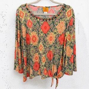 Ruby Rd. Printed 3/4 Sleeve Tie Front Top | Size XL | Boho Style
